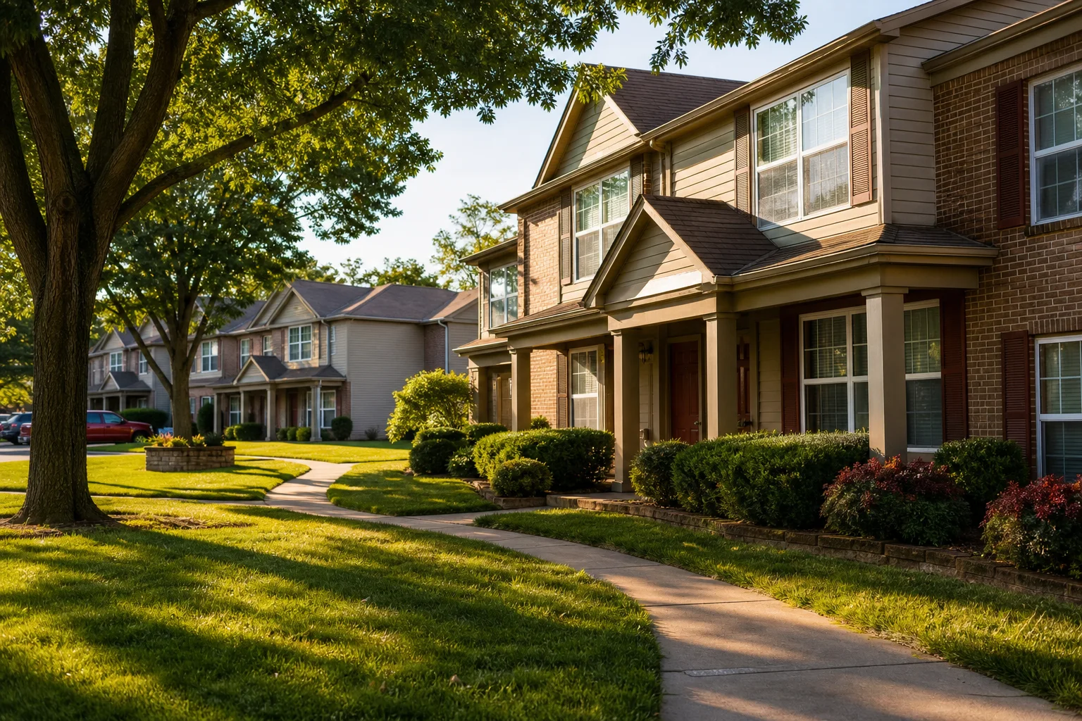 Well-kept residential rental community with lawns and trees