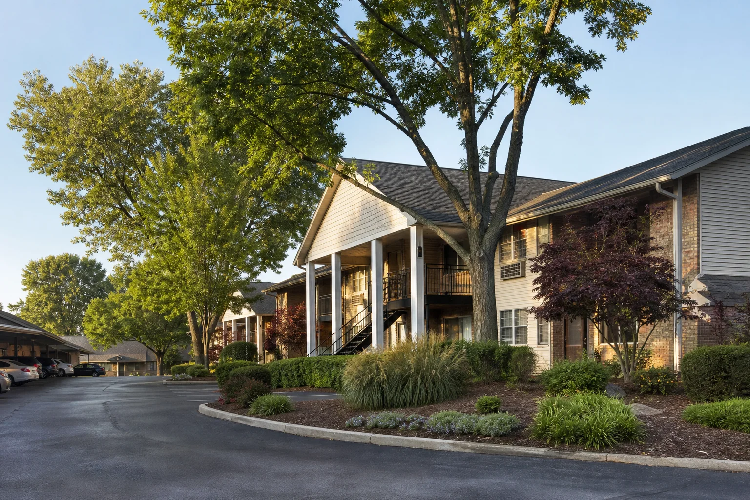 Quiet apartment community with landscaped grounds