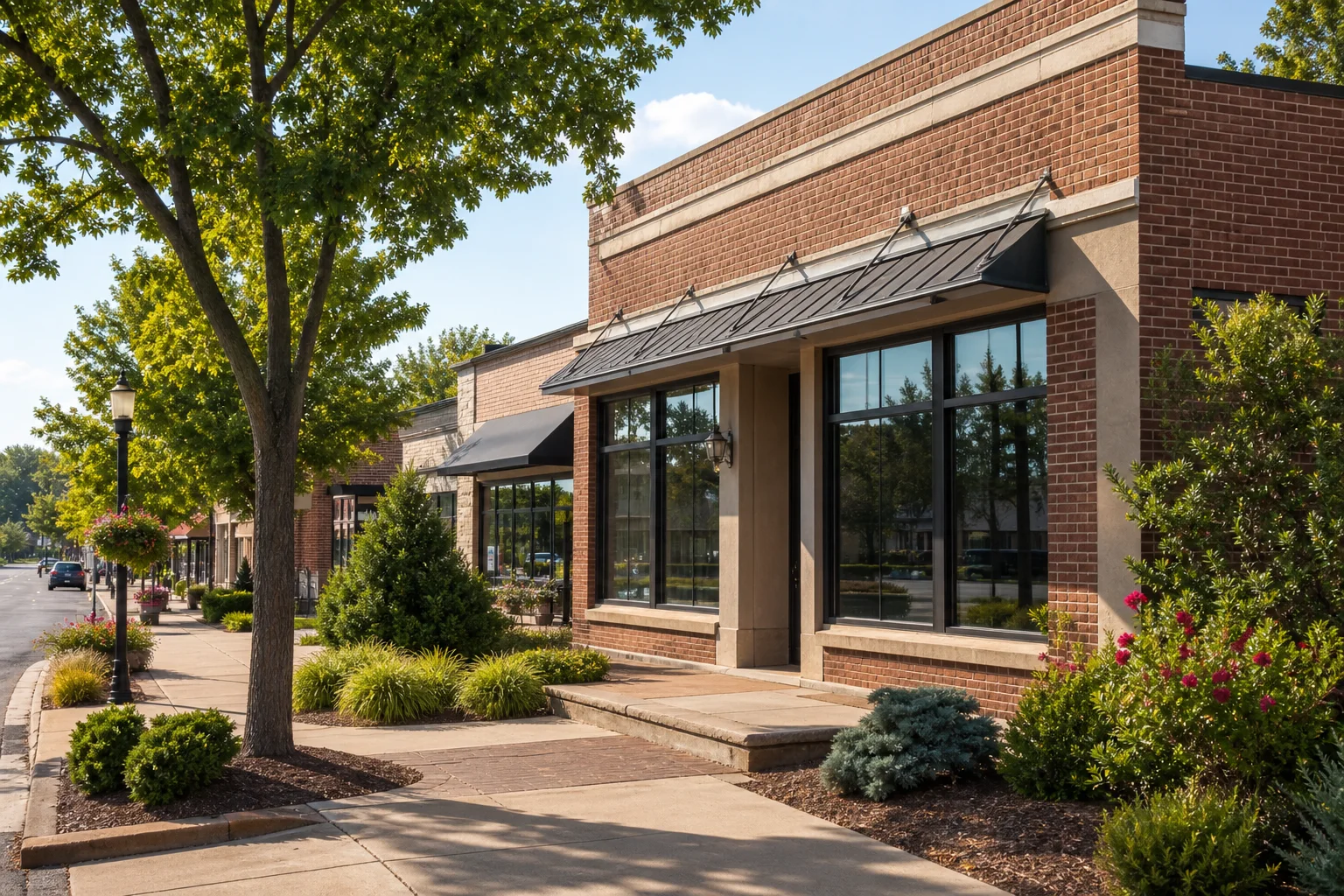 Small-town commercial rental building with tidy sidewalk